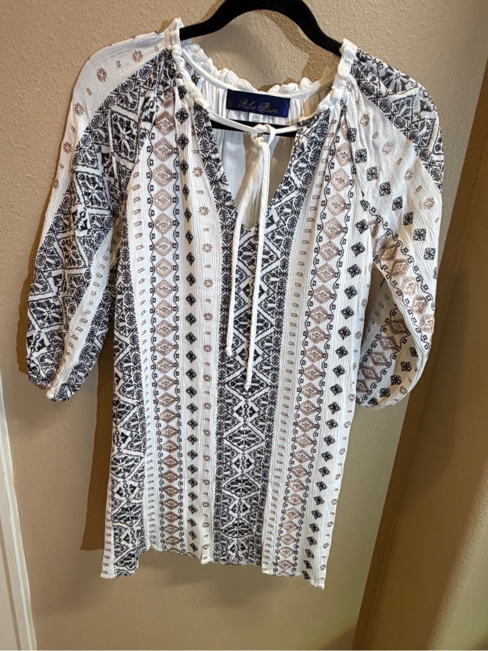 Blue Rain White Embroidered Peasant Babydoll Dress with Black & Tan Accents